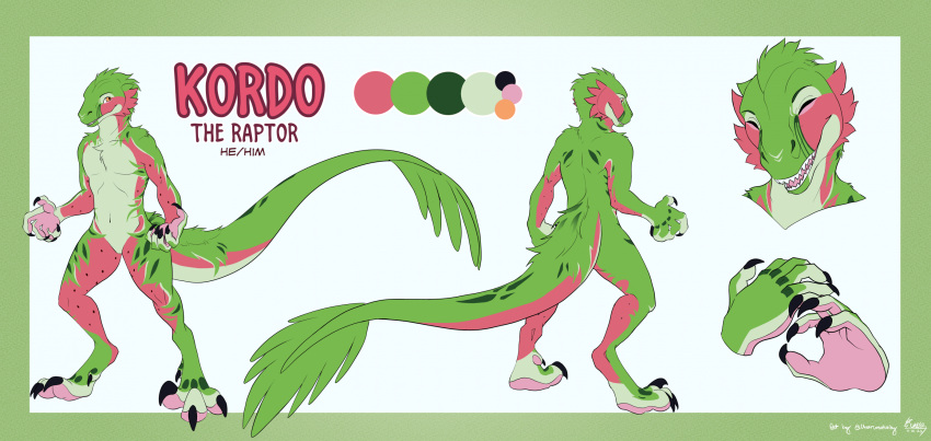 anthro black_markings cheek_tuft cheercreativity chest_tuft claws countershading dinosaur dromaeosaurid eyes_closed facial_tuft feathers food fruit green_body green_feathers green_markings head_tuft hi_res kordo long_tail male markings melon model_sheet multiple_images navel nude open_mouth orange_eyes pink_body pink_feathers plant pupils reptile scalie slit_pupils solo standing tail tail_feathers teeth theropod tongue tuft velociraptor watermelon