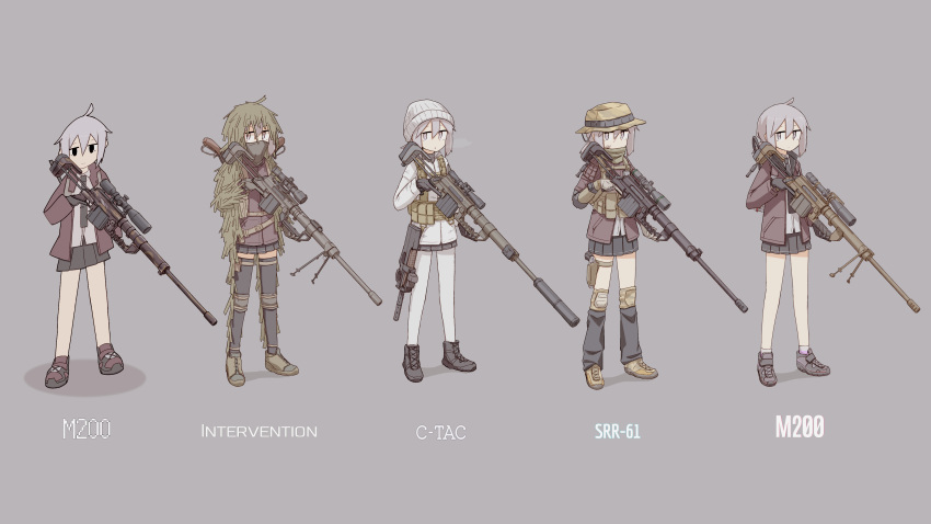 1girl absurdres ahoge alternate_costume bandana bandana_over_mouth beanie black_eyes black_footwear black_gloves black_leg_warmers black_skirt black_thighhighs bolt_action boonie_hat boots breath brown_footwear brown_jacket bullpup cardboard_cutout cheytac_m200 commentary covered_mouth elbow_pads english_commentary expressionless full_body ghillie_suit girls'_frontline gloves grey_background grey_eyes grey_hair gun gun_on_back handgun hat highres holding holding_gun holding_weapon holster jacket jitome knee_pads leg_warmers lever_action long_sleeves looking_at_viewer m200_(girls'_frontline) miniskirt mixed-language_commentary multiple_views neck_warmer p90 pantyhose player193 pleated_skirt rifle simple_background skirt sniper_rifle standing submachine_gun suppressor tactical_clothes thigh_holster thighhighs trigger_discipline weapon weapon_name weapon_on_back white_headwear white_jacket white_pantyhose