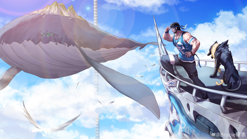 1boy absurdres aircraft airship arm_tattoo artist_request baimeme bara bare_arms beard black_hair blue_headband blue_shirt blue_sky brucie_(infighter821) check_artist cloud cloudy_sky commission dungeon_and_fighter facial_hair flying_whale hand_up headband highres large_pectorals male_focus male_priest_(dungeon_and_fighter) mature_male mountain muscular muscular_male original pectorals scenery second-party_source shirt short_hair sky sleeveless sleeveless_shirt solo sunlight tattoo whale wolf