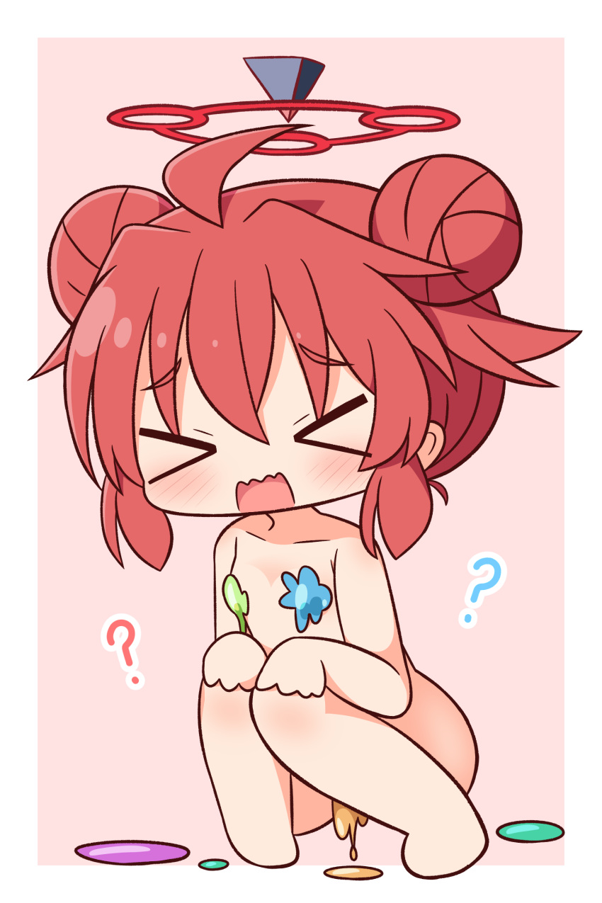 &gt;_&lt; 1girl ? absurdres ahoge barefoot blue_archive blush bodypaint breasts chibi closed_eyes collarbone double_bun full_body hair_between_eyes hair_bun halo hana_kazari hands_on_own_knees highres knees_together_feet_apart knees_up maki_(blue_archive) naked_paint open_mouth paint_splatter pink_background red_hair sidelocks small_breasts solo squatting two-tone_background wavy_mouth white_background