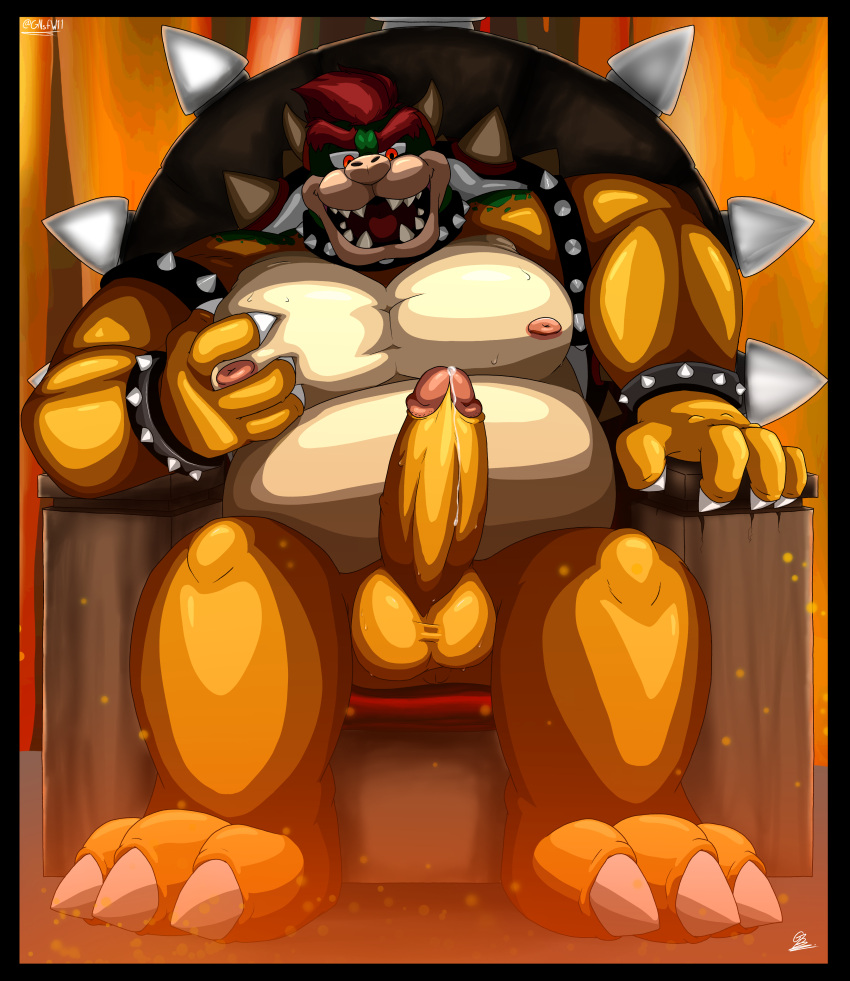 absurd_res anthro balls belly bodily_fluids bowser breasts chair cum furniture genital_fluids genitals grizzlyboi75 hi_res humanoid koopa leaking_cum looking_at_viewer looking_down male mario_bros muscular muscular_anthro muscular_male nintendo reptile scalie solo sweat sweaty_balls sweaty_genitalia throne throne_room turtle