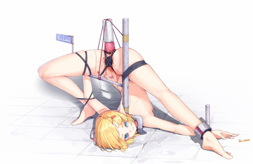 1girl anal anal_object_insertion ankle_cuffs bdsm blonde_hair blue_eyes bondage bound breasts expressionless flag highres immobilization kearful key looking_at_viewer nipple_piercing object_insertion original piercing pointy_ears pussy_juice restrained short_hair small_breasts stationary_restraints upside-down vaginal vaginal_object_insertion white_background