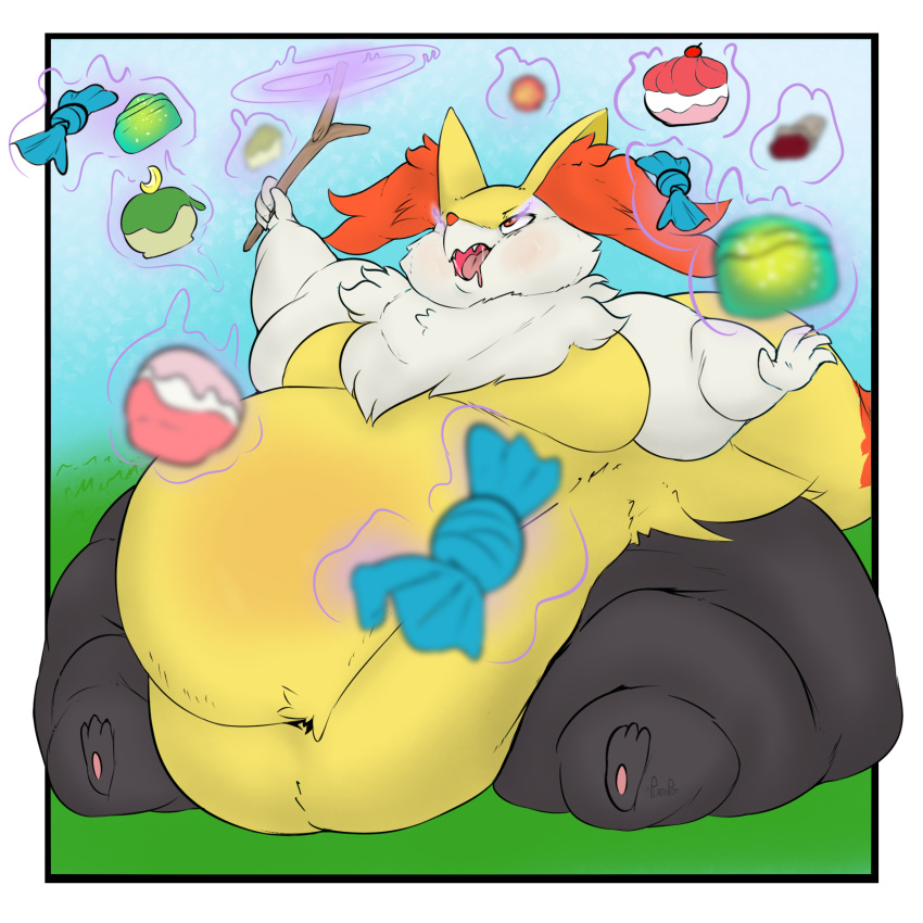 anthro black_body black_fur bodily_fluids braixen breasts candy canid canine dessert drooling fat_arms fat_legs female food fur generation_6_pokemon hi_res holding_object holding_stick inner_ear_fluff mammal morbidly_obese morbidly_obese_anthro morbidly_obese_female navel neck_tuft nintendo obese obese_anthro obese_female open_mouth overweight overweight_anthro overweight_female plantedpot poke_puff pokemon pokemon_(species) psychic_powers rare_candy saliva solo stick sweat telekinesis tuft white_body white_fur yellow_body yellow_fur