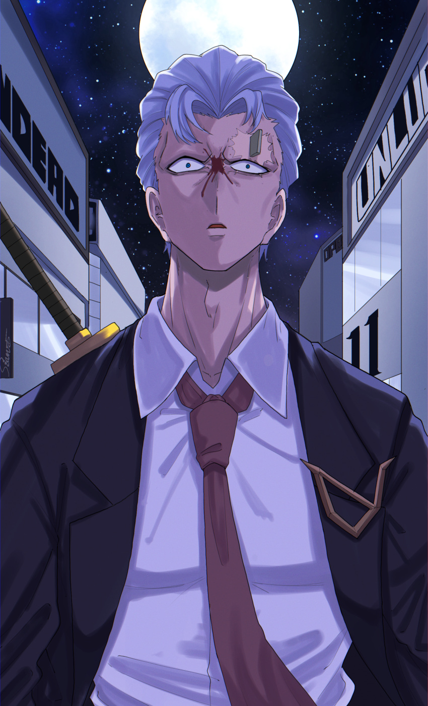 1boy :o absurdres adam's_apple andy_(undead_unluck) black_eyes blood blood_on_face copyright_name formal grey_hair highres katana male_focus necktie night night_sky outdoors red_necktie scar scar_on_face scar_on_forehead shirt shishiruto sky solo star_(sky) starry_sky suit sword undead_unluck upper_body weapon white_shirt