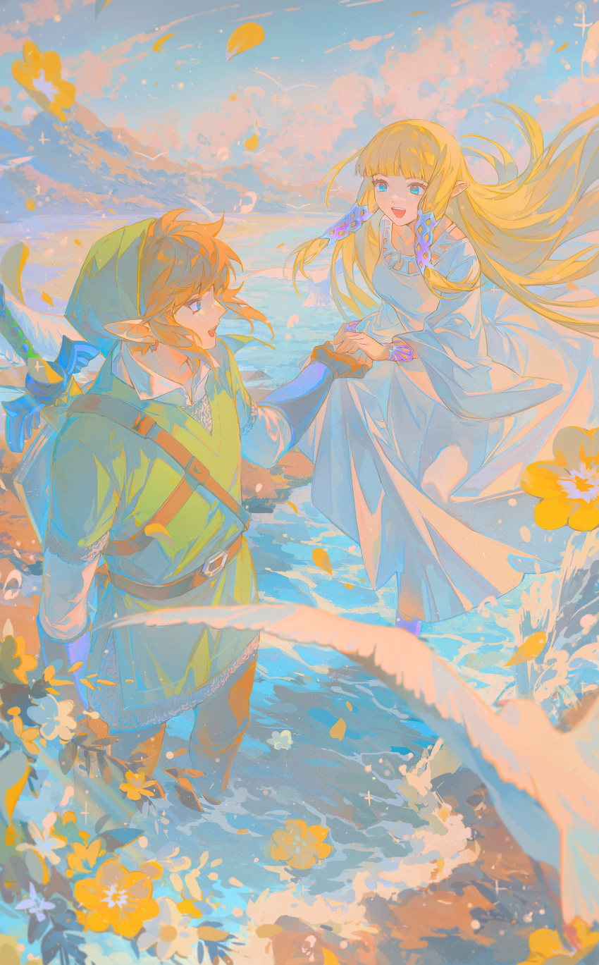 1boy 1girl absurdres bakutiku belt bird blonde_hair cloud cloudy_sky dress flower green_headwear hair_tubes highres holding_hands link long_dress long_hair looking_at_another master_sword outdoors pointy_ears princess_zelda scenery sidelocks sky the_legend_of_zelda the_legend_of_zelda:_skyward_sword water white_dress