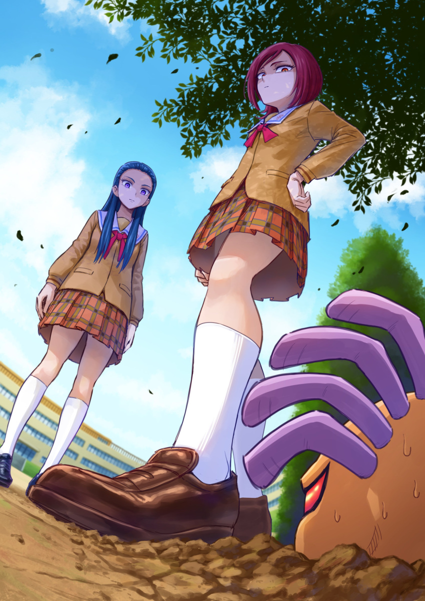 2girls absurdres blue_eyes blue_hair bow bowtie brown_footwear dorodoron from_below futari_wa_precure_splash_star highres itou_shin'ichi kiryuu_kaoru kiryuu_michiru kneehighs loafers long_hair long_sleeves miniskirt multiple_girls orange_skirt plaid plaid_skirt pleated_skirt precure red_bow red_bowtie red_eyes red_hair sailor_collar school_uniform serafuku shirt shoes short_hair siblings sisters skirt socks standing white_sailor_collar white_socks yellow_shirt yuunagi_middle_school_uniform