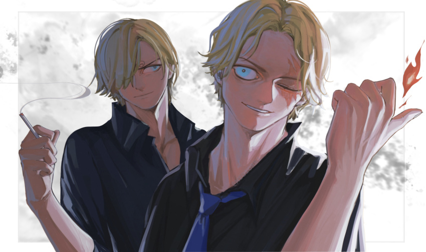 2boys black_shirt blonde_hair blue_eyes blue_necktie cigarette closed_mouth commentary curly_eyebrows english_commentary fire hair_over_one_eye highres holding holding_cigarette male_focus multiple_boys mygiorni necktie one_eye_closed one_eye_covered one_piece sabo_(one_piece) sanji_(one_piece) scar scar_across_eye scar_on_face shirt short_hair smile smoke teeth