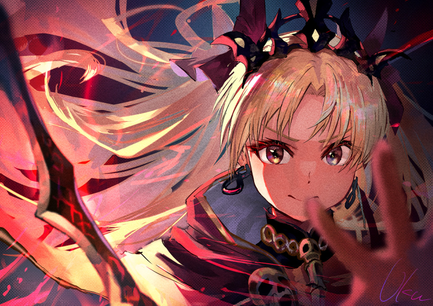 1girl black_tiara blonde_hair cape commentary earrings ereshkigal_(fate) fate/grand_order fate_(series) hair_ribbon highres hoop_earrings jewelry long_hair meslamtaea_(weapon) parted_bangs red_eyes red_ribbon ribbon signature skull skull_brooch smile solo spine tiara ukumituki