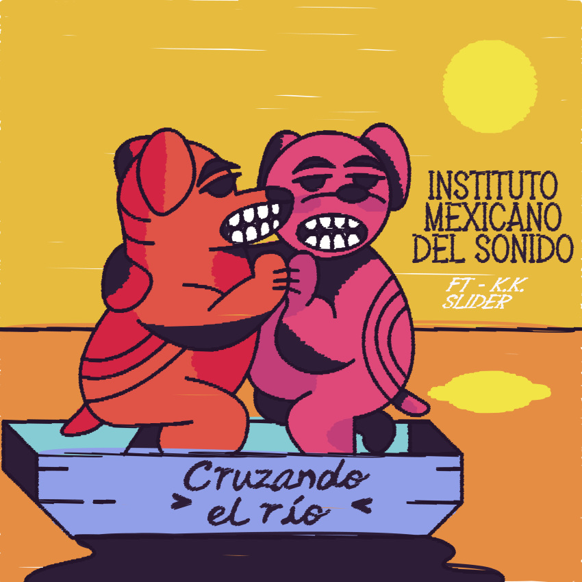 1:1 2023 absurd_res album_cover animal_crossing anthro biped canid canine canis cover digital_drawing_(artwork) digital_media_(artwork) domestic_dog fur hand_holding hi_res k.k._slider k.k._slider_album_redraw male male/male mammal meme mexican_institue_of_sound_(group) nintendo orange_body orange_fur pink_body pink_fur river showing_teeth simple_background spanish_text sun sunset text translated vector_art vessel wolfnes