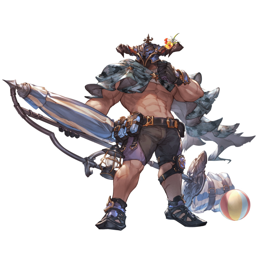 1boy abs ball beachball belt black_belt black_gloves black_male_swimwear draph flower gloves granblue_fantasy helmet large_pectorals male_focus male_swimwear muscular muscular_male navel official_alternate_costume official_art pectorals solo vaseraga vaseraga_(summer)_(granblue_fantasy)