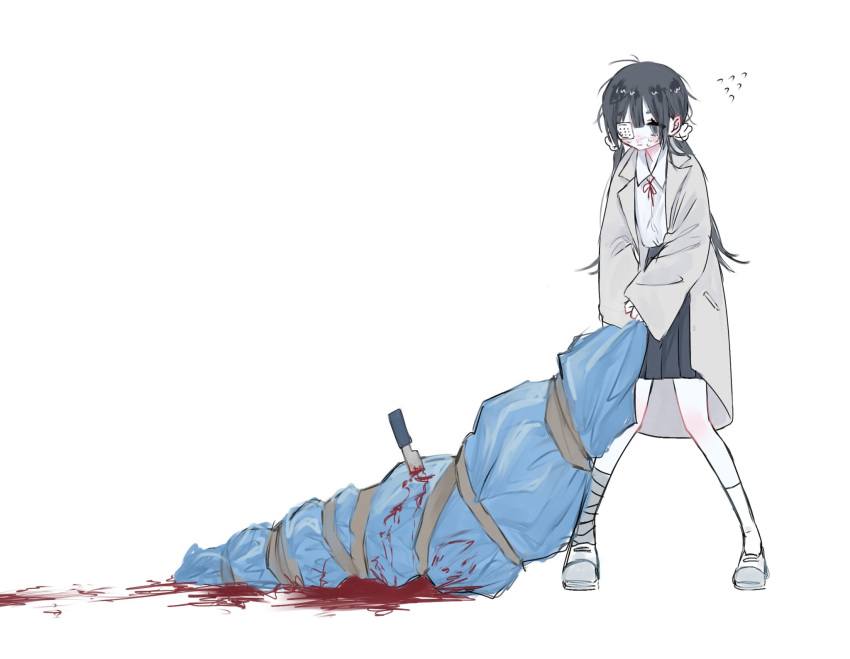 1girl blood blood_on_knife blood_trail blue_bag body_bag closed_mouth coat collared_shirt commentary eyepatch grey_hair highres knife long_hair long_sleeves low_twintails mashiro_yuuki_(nakigara_gakkyuu) nakigara_gakkyuu nakigarasu neck_ribbon open_clothes open_coat red_ribbon ribbon school_uniform shirt simple_background skirt solo symbol-only_commentary twintails white_background white_footwear white_shirt wide_shot