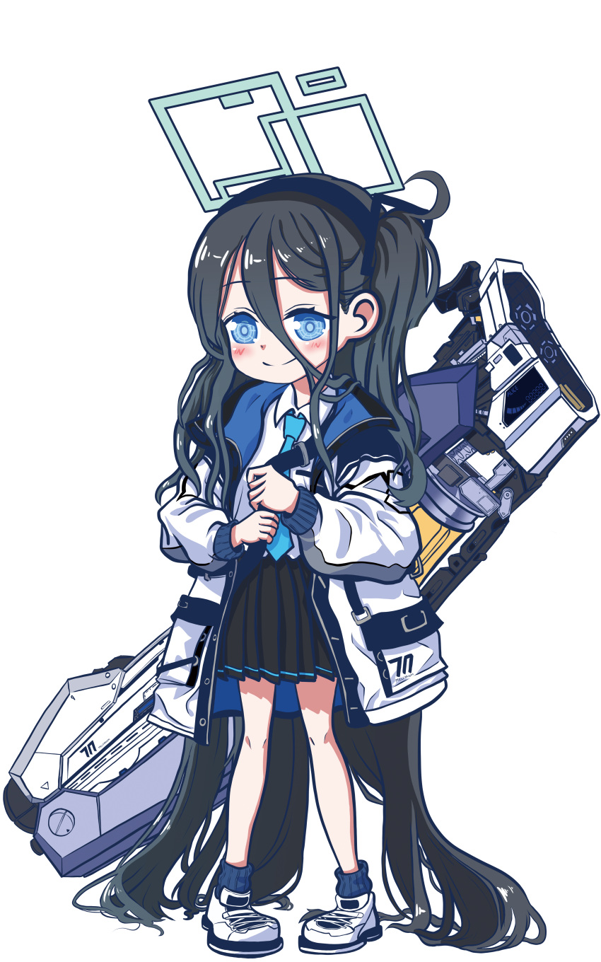 1girl absurdly_long_hair absurdres aghanseonmul aris_(blue_archive) black_hair black_skirt blue_archive blue_eyes cannon chibi collared_shirt commentary_request hair_between_eyes hair_ornament hairband halo highres hood hooded_jacket jacket long_hair long_sleeves looking_at_viewer necktie one_side_up railgun school_uniform shirt shoulder_belt sidelocks simple_background skirt smile solo transparent_background very_long_hair weapon weapon_on_back