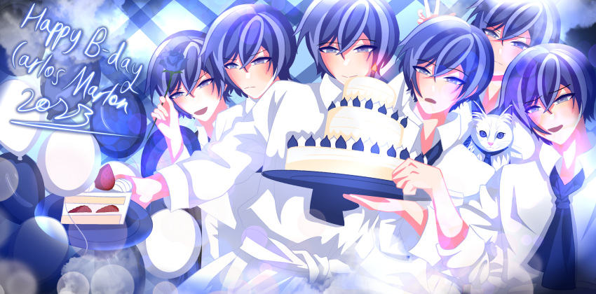 absurdres aku_no_musume_(vocaloid) akujiki_musume_conchita_(vocaloid) blue_background blue_eyes blue_hair cake carlos_marlon cat chef drug_of_gold_(vocaloid) evillious_nendaiki food happy_birthday highres holding holding_cake holding_food kaito_(vocaloid) kaito_(vocaloid3) mothy multiple_boys non-web_source shirt smile vocaloid white_shirt