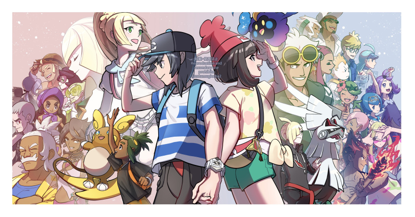 6+boys 6+girls :d absurdres acerola_(pokemon) alolan_raichu anabel_(pokemon) arm_up bag beanie black_headwear border bracelet burnet_(pokemon) closed_mouth commentary_request cosmog elio_(pokemon) everyone faba_(pokemon) fire floral_print gladion_(pokemon) green_shorts guzma_(pokemon) hala_(pokemon) hapu_(pokemon) hat hau_(pokemon) highres holding_hands ilima_(pokemon) jewelry kahili_(pokemon) kukui_(pokemon) lana_(pokemon) lillie_(pokemon) looker_(pokemon) looking_up lusamine_(pokemon) mallow_(pokemon) mina_(pokemon) mohn_(pokemon) molayne_(pokemon) mugiccha2 multiple_boys multiple_girls nanu_(pokemon) olivia_(pokemon) open_mouth pants pokemon pokemon_(game) pokemon_sm red_headwear selene_(pokemon) shirt short_shorts short_sleeves shorts shoulder_bag silvally smile sophocles_(pokemon) striped striped_shirt t-shirt teeth tied_shirt tongue upper_teeth_only watermark white_border wicke_(pokemon) yellow_shirt z-ring