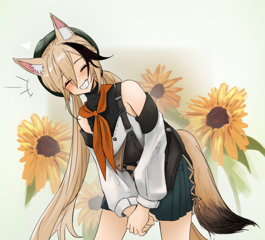 +++ 1girl ^_^ animal_ear_fluff animal_ears arknights beret black_hair black_shirt blonde_hair blush cardigan_(arknights) cardigan_(sunny_day)_(arknights) clenched_teeth closed_eyes cowboy_shot detached_sleeves dog_ears dog_girl dog_tail dokonjou_(odossan) facing_viewer flower green_headwear green_skirt grey_background grin hair_between_eyes hat heart highres leaning_forward multicolored_hair neckerchief official_alternate_costume orange_neckerchief own_hands_together pleated_skirt shirt skirt smile solo streaked_hair sunflower tail teeth white_shirt