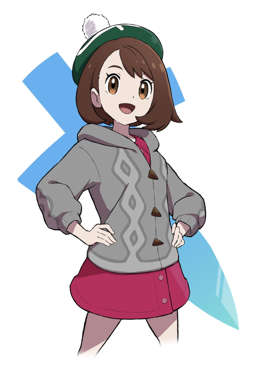 1girl :d bob_cut brown_eyes brown_hair buttons cable_knit cardigan collared_dress dress gloria_(pokemon) green_headwear grey_cardigan hands_on_own_hips hat highres hooded_cardigan ia_(ilwmael9) legs_apart open_mouth pink_dress pokemon pokemon_(game) pokemon_swsh short_hair smile solo tam_o'_shanter tongue