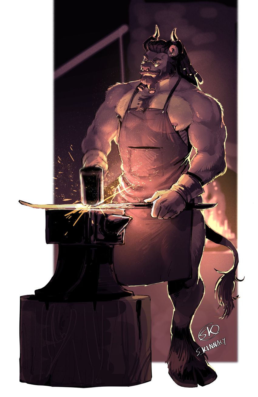 1boy absurdres animal_feet anvil apron bara beard blacksmith chest_hair chest_tuft commission facial_hair forge furnace furry furry_male glasses glowing_hot hammer highres holding holding_hammer horns horse_boy horse_tail large_pectorals long_hair male_focus mature_male muscular muscular_male mustache naked_apron nipple_piercing nipple_rings nipples nose_piercing original pectorals piercing sara_kinnaly sidepec smile solo tail thick_eyebrows thighs