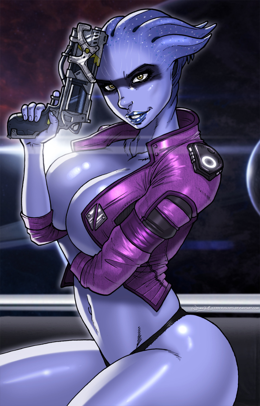 2018 alien alien_humanoid arm_under_breasts asari big_breasts black_clothing black_panties black_underwear blue_body blue_skin breasts brown_eyes cerberuslives clothing eyebrows eyelashes facial_markings female glistening glistening_body glistening_skin gun head_markings hi_res huge_breasts humanoid jacket lips looking_at_viewer markings mask_(marking) mass_effect navel not_furry panties peebee purple_clothing purple_jacket purple_topwear ranged_weapon solo space topwear underwear weapon