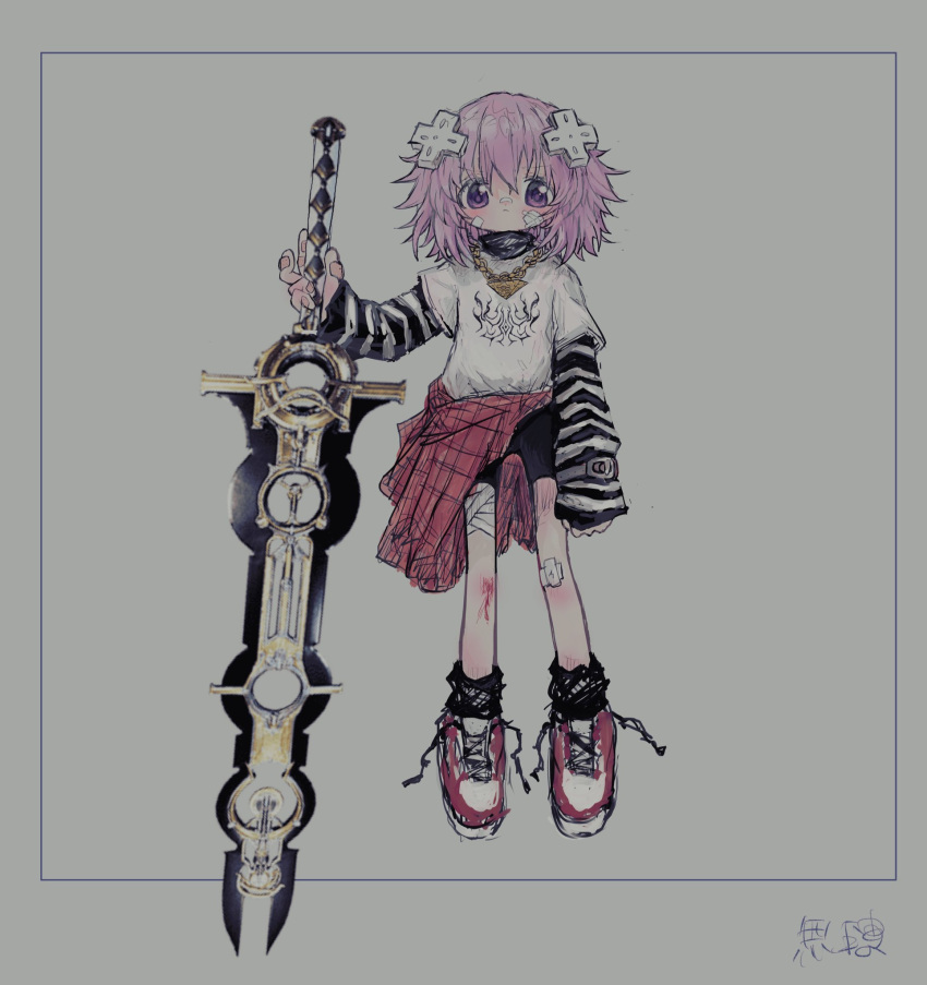 1girl bandaged_leg bandages bandaid bandaid_on_face bandaid_on_nose black_shorts black_socks blood closed_mouth clothes_around_waist d-pad d-pad_hair_ornament full_body grey_background hair_between_eyes hair_ornament highres holding holding_sword holding_weapon jewelry layered_sleeves long_sleeves looking_at_viewer necklace neptune_(neptune_series) neptune_(series) pink_hair purple_eyes reitoubeef shirt shoes short_hair shorts simple_background sneakers socks solo striped sword t-shirt weapon white_shirt
