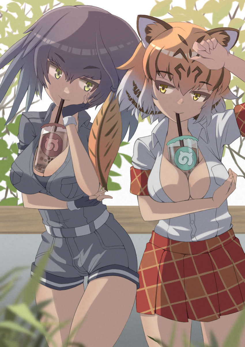 2girls absurdres animal_ears arm_under_breasts arm_up bare_arms between_breasts black_gloves breast_pocket breasts brown_hair bubble_tea bubble_tea_challenge buttons closed_mouth collared_shirt colored_inner_hair cowboy_shot cup disposable_cup drink drinking drinking_straw drinking_straw_in_mouth fingerless_gloves gloves green_eyes grey_hair grey_shirt grey_shorts hair_between_eyes hand_on_own_cheek hand_on_own_face hand_up highres kemono_friends long_hair looking_at_viewer medium_breasts medium_hair meme multicolored_hair multiple_girls niwa_tuki no_bodystocking no_tail object_on_breast orange_hair partially_unbuttoned plaid plaid_skirt pleated_skirt pocket shirt shirt_tucked_in shoebill_(kemono_friends) short_shorts shorts side-by-side side_ponytail skirt smile thigh_gap tiger_(kemono_friends) tiger_ears white_hair white_shirt wing_collar yellow_eyes