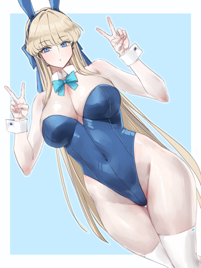 1girl animal_ears bare_shoulders blonde_hair blue_archive blue_bow blue_eyes blue_hairband blue_leotard bow bowtie braid breasts cleavage detached_collar double_v earpiece fake_animal_ears french_braid hairband halo hands_up hayama_kazusa highleg highleg_leotard highres leotard long_hair medium_breasts microphone official_alternate_costume official_alternate_hairstyle playboy_bunny rabbit_ears rabbit_tail solo standing standing_on_one_leg tail thighhighs thighs toki_(blue_archive) toki_(bunny)_(blue_archive) v very_long_hair white_thighhighs wrist_cuffs
