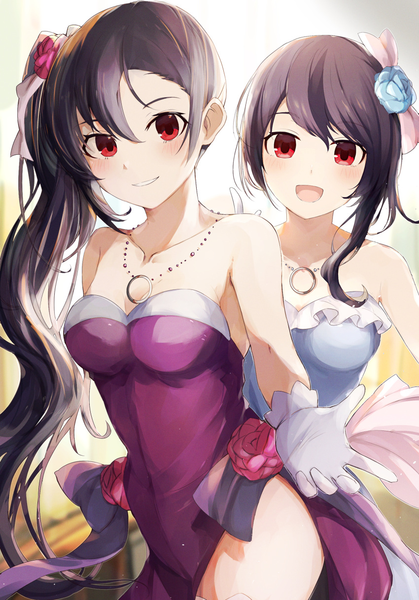 2girls :d alternate_hair_length alternate_hairstyle asymmetrical_bangs black_eyes blue_flower blue_rose blush bow breasts choujigen_game_neptune collarbone commission dress flower gloves hair_bow hair_flower hair_ornament highres jewelry looking_at_viewer medium_breasts multiple_girls necklace neptune_(series) noire_(neptune_series) pink_flower pink_rose pixiv_commission purple_dress ra_mun5239 red_hair rose side_ponytail sleeveless sleeveless_dress smile swept_bangs uni_(neptune_series) white_dress white_gloves