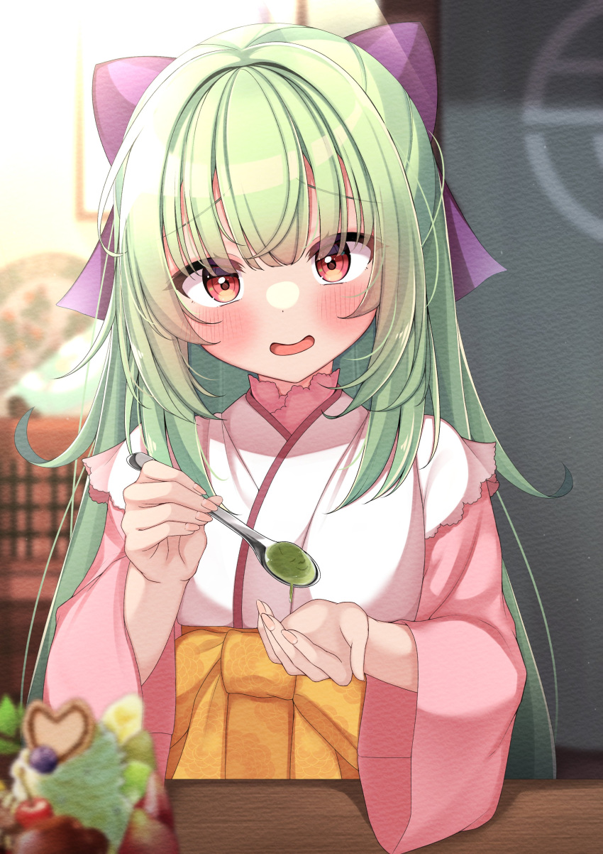 1girl absurdres bloom blunt_bangs blurry blurry_background blush bow cafe commentary dating depth_of_field eyes_visible_through_hair feeding fingernails floral_print green_hair hair_bow half_updo hands_up happy head_tilt highres holding holding_spoon incoming_food indoors japanese_clothes kimono long_hair long_sleeves looking_at_viewer murasame_(senren) naughty_face open_mouth orange_sash parfait pink_kimono pov purple_bow red_eyes senren_banka sidelighting sidelocks smile solo spoon straight-on straight_hair table upper_body variant_set very_long_hair white_kimono wide_sleeves yosh1na