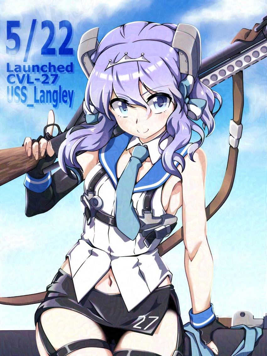 1girl 547th_sy black_gloves black_skirt blue_eyes blue_sky cloud commentary_request cowboy_shot fingerless_gloves garter_straps gloves gun hair_ornament hair_ribbon highres kantai_collection langley_(kancolle) looking_at_viewer medium_hair pencil_skirt pump_action purple_hair ribbon shirt shotgun side_slit skirt sky sleeveless sleeveless_shirt smile solo weapon white_shirt winchester_model_1897