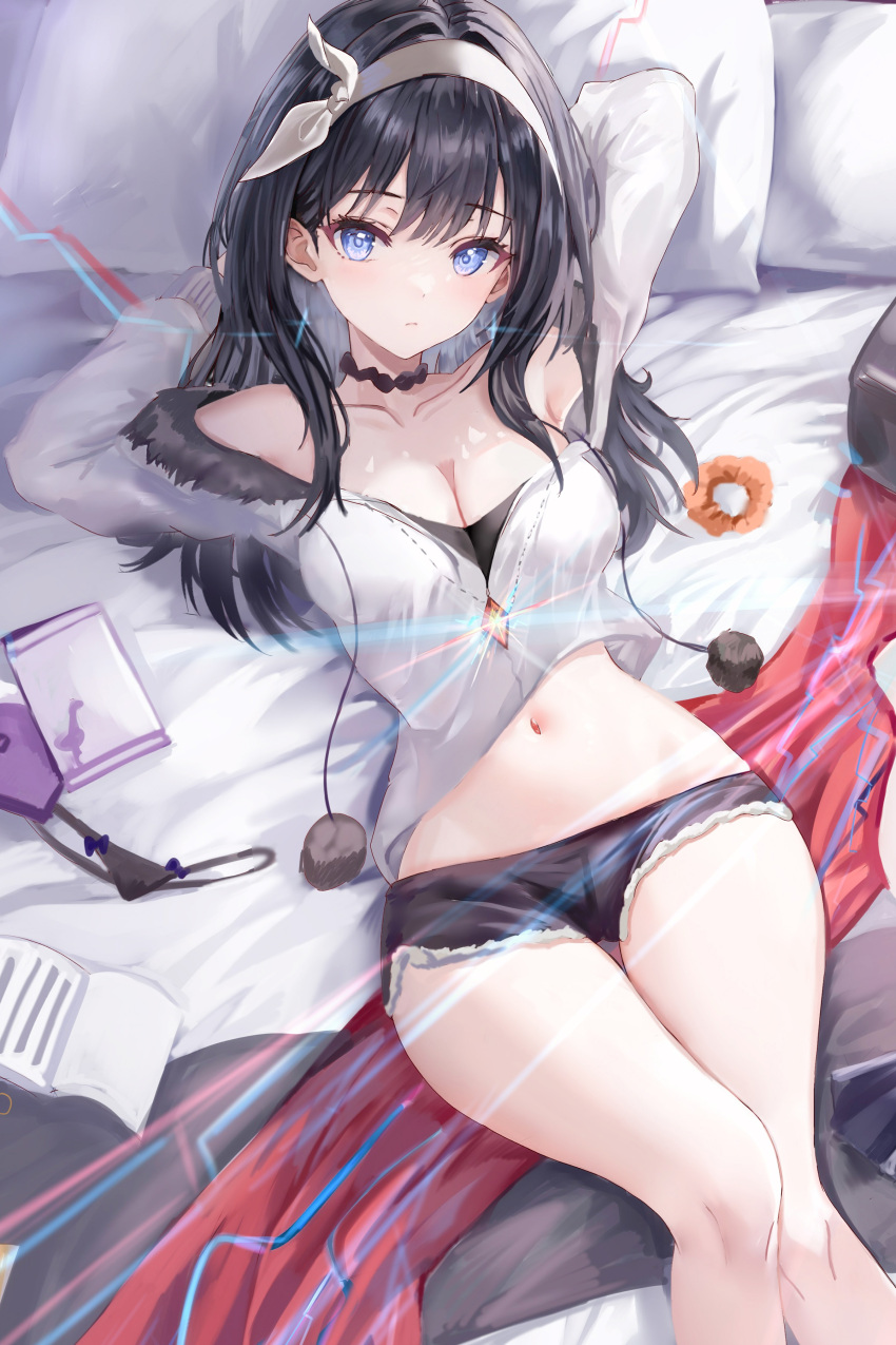 1girl absurdres age_fx arms_behind_head azur_lane bare_shoulders black_choker black_hair black_shorts blue_eyes breasts choker cleavage closed_mouth collarbone commentary_request cutoffs fur-trimmed_hoodie fur_trim gridman_universe hair_between_eyes hairband highres hood hoodie jewelry long_hair looking_at_viewer lying medium_breasts midriff navel necklace off_shoulder official_alternate_costume on_back orange_scrunchie panties pom_pom_(clothes) revision scrunchie shorts solo sparkling_eyes ssss.gridman takarada_rikka takarada_rikka_(bedroom_attire) thigh_gap thighs thong underwear unworn_panties unworn_scrunchie white_hairband white_hoodie