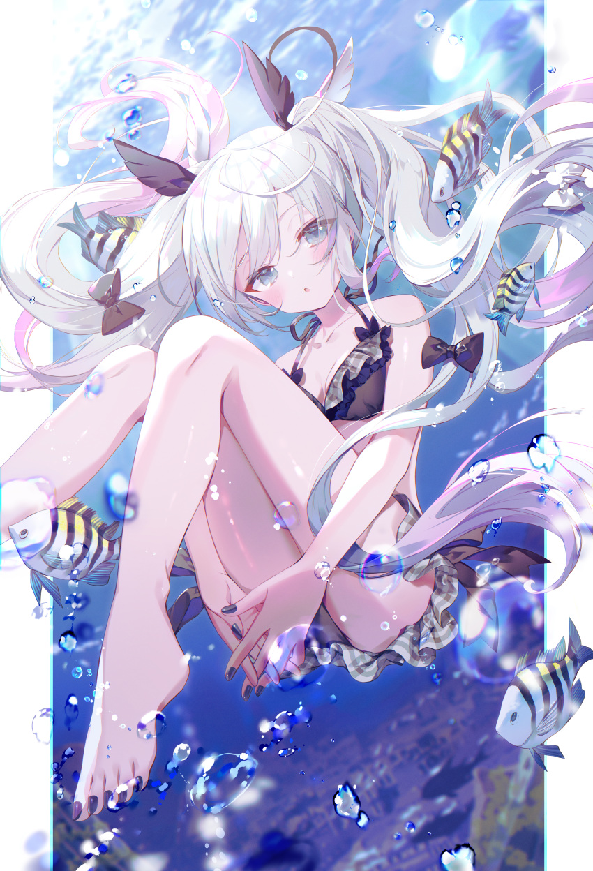 1girl :o absurdres air_bubble bare_legs bikini bikini_skirt black_bikini black_bow blush bow breasts bubble cleavage collarbone feet fish floating_hair foot_out_of_frame frilled_bikini frills grey_eyes hair_between_eyes hair_bow halterneck hands_under_legs highres ibara_riato knees_together_feet_apart light_rays long_hair looking_at_viewer nail_polish open_mouth original own_hands_clasped own_hands_together pillarboxed pleated_skirt purple_nails sidelocks skirt small_breasts solo swimsuit toenail_polish toenails toes twintails underwater water white_hair