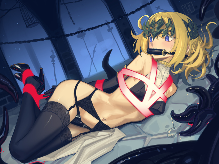 1girl arms_behind_back bare_shoulders bdsm bit_gag black_footwear black_gloves black_panties black_thighhighs blonde_hair blue_eyes bondage bound bound_ankles cad_(caddo) character_request circlet commentary crop_top elbow_gloves fate/grand_order fate_(series) gag gagged garter_belt gloves high_heels highres hogtie midriff navel panties pollux_(fate) short_hair sleeveless solo stomach thighhighs underwear