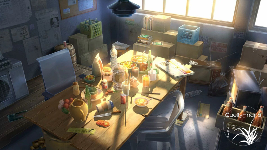 air_conditioner artist_logo barrel bottle bowl can ceiling_light chair crate food fruit highres indoors jug_(bottle) kitchen_knife newspaper no_humans original scenery soda_can table television tomato trash_bag water_bottle window xingzhi_lv