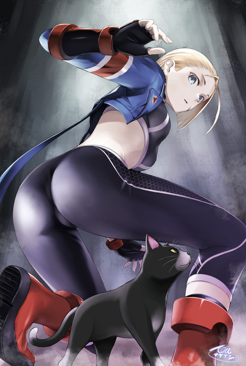 1girl absurdres animal ass black_cat black_sports_bra blonde_hair blue_eyes blue_jacket blue_leggings blush boots breasts cammy_white cat combat_boots cropped_jacket fingerless_gloves from_behind from_below gloves highres jacket kneeling leggings long_sleeves looking_back open_clothes open_jacket open_mouth pants scar scar_on_cheek scar_on_face short_hair small_breasts solo sports_bra street_fighter street_fighter_6 tea_(nakenashi) tight_clothes tight_pants