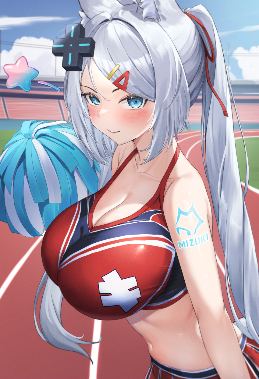 1girl absurdres animal_ears bare_arms bare_shoulders blue_eyes breasts cheerleader cleavage crop_top d-pad d-pad_hair_ornament day duplicate fox_ears grin hair_ornament hair_ribbon hairclip halterneck highres holding holding_pom_poms indie_virtual_youtuber large_breasts long_hair looking_at_viewer midriff mizuki_(vtuber) navel oukafafafa outdoors pixel-perfect_duplicate pom_pom_(cheerleading) red_shirt red_skirt ribbon shirt shoulder_tattoo skirt sleeveless sleeveless_shirt smile solo stomach tattoo track_and_field twintails upper_body very_long_hair white_hair