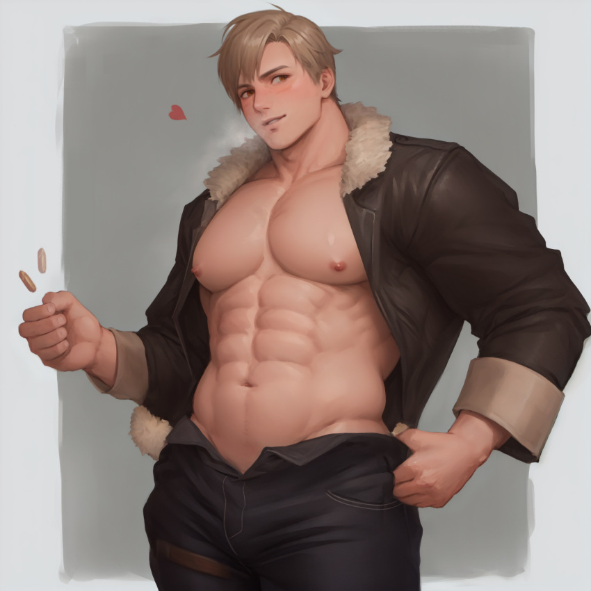 1boy abs bara bare_pectorals black_pants blush brown_hair bullet chiris_110 heart highres jacket large_pectorals leather leather_jacket leon_s._kennedy male_focus muscular muscular_male navel nipples open_clothes open_jacket open_pants pants pectorals resident_evil resident_evil_4 short_hair simple_background smile solo