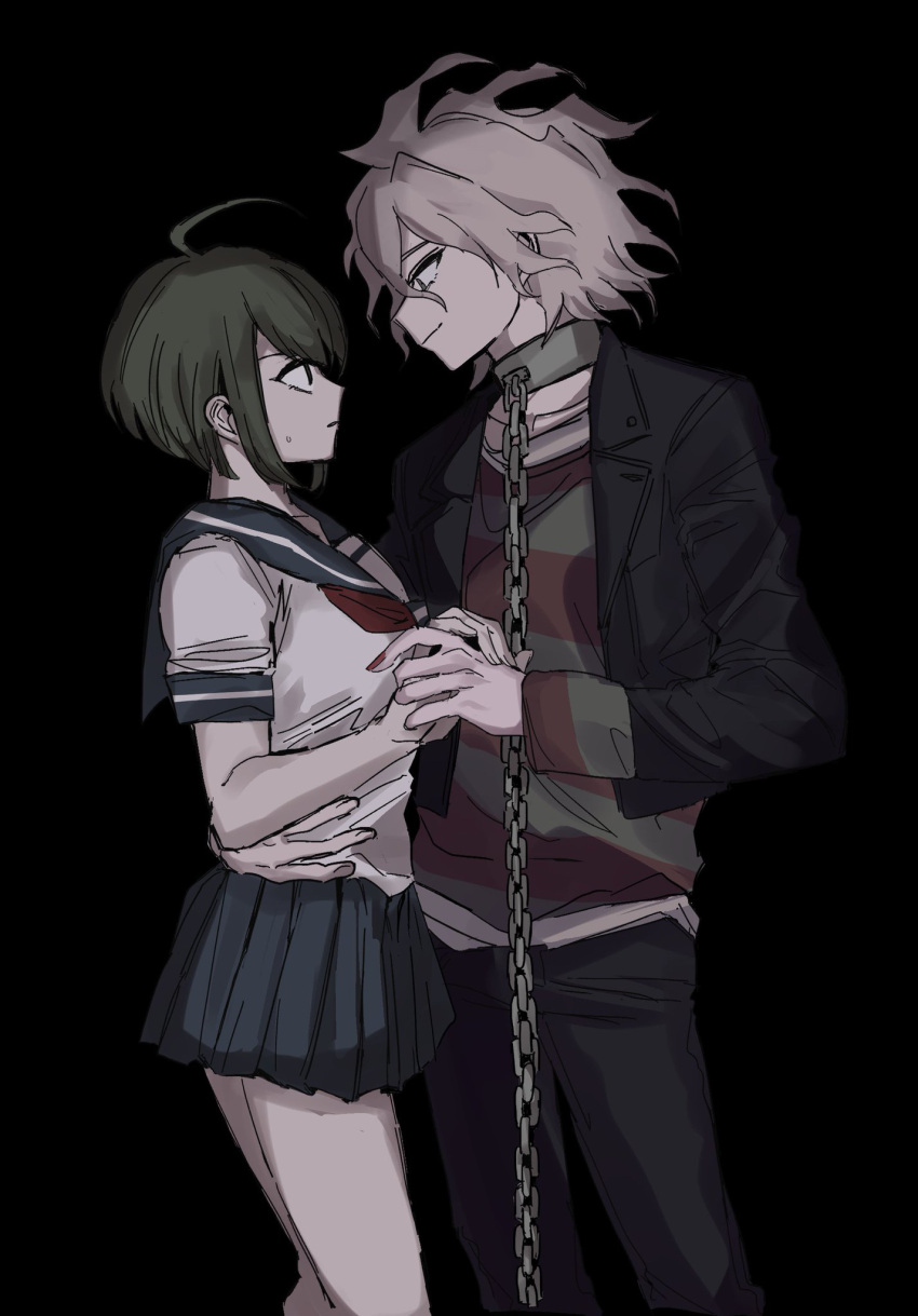 1boy 1girl aemono_(lemolemo_lmn) ahoge black_background black_jacket black_pants black_sailor_collar black_skirt chain collar danganronpa_(series) danganronpa_another_episode:_ultra_despair_girls eye_contact green_shirt grey_hair grey_shirt hand_around_waist highres holding_hands jacket komaeda_nagito looking_at_another messy_hair metal_collar miniskirt naegi_komaru neckerchief open_clothes open_jacket pants pleated_skirt red_neckerchief red_shirt sailor_collar servant_(danganronpa) shirt short_hair simple_background skirt smile striped striped_shirt