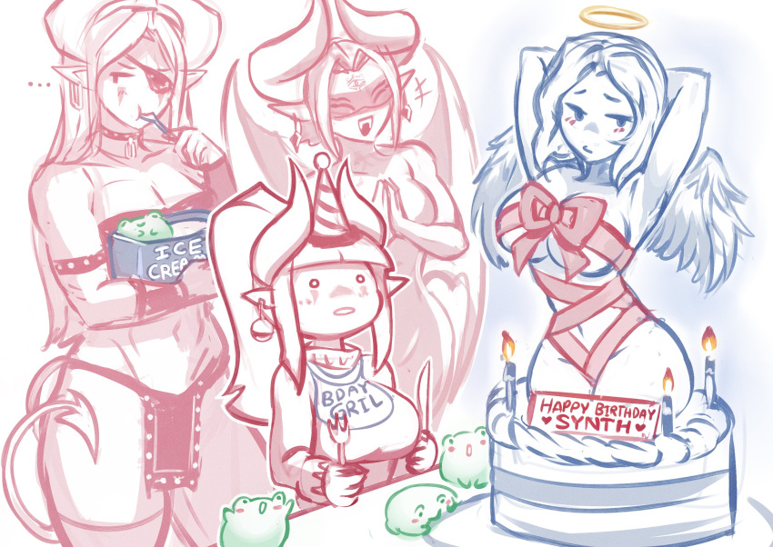 ... 4girls angel angel_wings armband armpits arms_behind_head birthday_cake blunt_bangs breasts butter_knife cake candle choker commentary demon_girl demon_horns demon_mom_(iahfy) demon_tail demon_wings earrings english_commentary eyepatch food fork halo happy_birthday highres holding holding_fork holding_knife holding_spoon horns iahfy jewelry knife large_breasts long_hair long_sleeves lucia_(iahfy) mother_and_daughter multiple_girls navel open_mouth original pointy_ears ponytail pout short_hair siblings sisters sketch spoon synth_(iahfy) taiko_(iahfy) tail teeth wings yuri