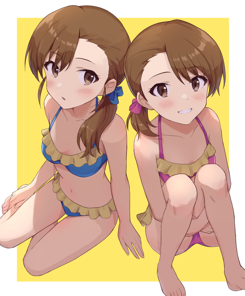 2girls absurdres barefoot bikini blue_bikini blue_ribbon breasts brown_eyes brown_hair collarbone commentary_request frilled_bikini frills futami_ami futami_mami hair_ribbon highres idolmaster idolmaster_(classic) idolmaster_million_live! looking_at_viewer medium_hair multiple_girls navel pink_bikini pink_ribbon ribbon shuucream_(syuichi) siblings sisters sitting small_breasts smile swimsuit toes twins two-tone_background yellow_background