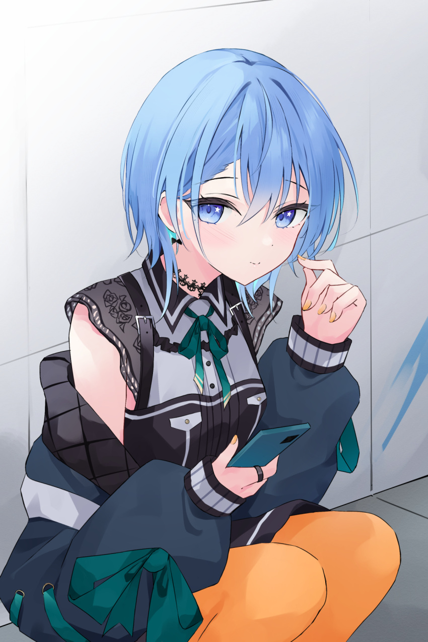 1girl black_choker black_shirt black_skirt blue_eyes blue_hair blue_jacket breasts cellphone choker closed_mouth collared_shirt commentary frilled_choker frills green_ribbon hand_up highres holding holding_phone hololive hoshimachi_suisei hoshimachi_suisei_(3rd_costume) jacket long_sleeves looking_at_viewer neck_ribbon nerusu off_shoulder orange_pantyhose pantyhose phone ribbon shirt short_hair sitting skirt sleeveless sleeveless_shirt small_breasts smartphone solo star_(symbol) star_in_eye symbol_in_eye two-tone_shirt virtual_youtuber white_shirt yellow_nails