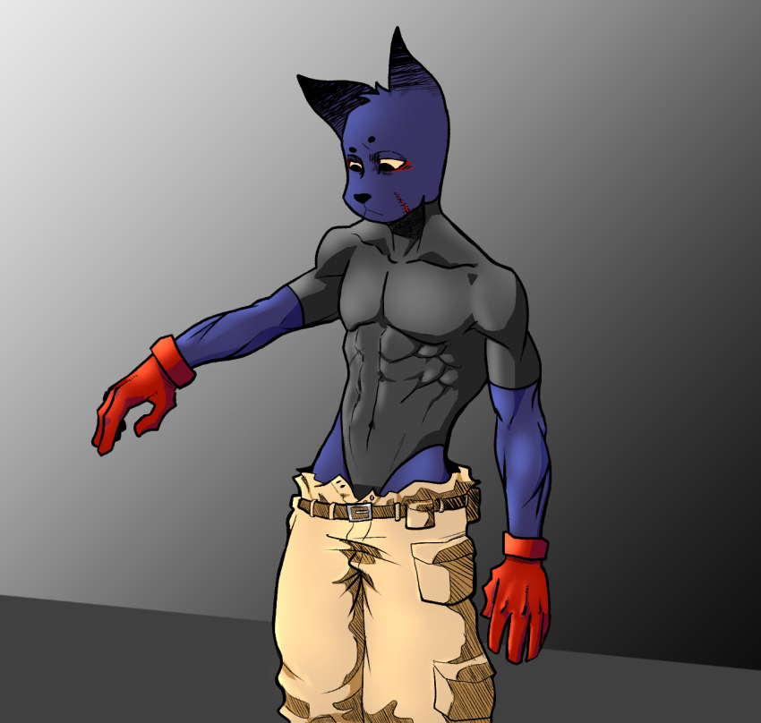 anthro baggy_pants canid canine canis chris_(grimdog701) clothing domestic_dog eye_bags felid feline fur fur_markings gloves grimdog701 handwear hi_res hybrid male mammal markings muscle_shirt muscular optical_illusion scar simple_background solo