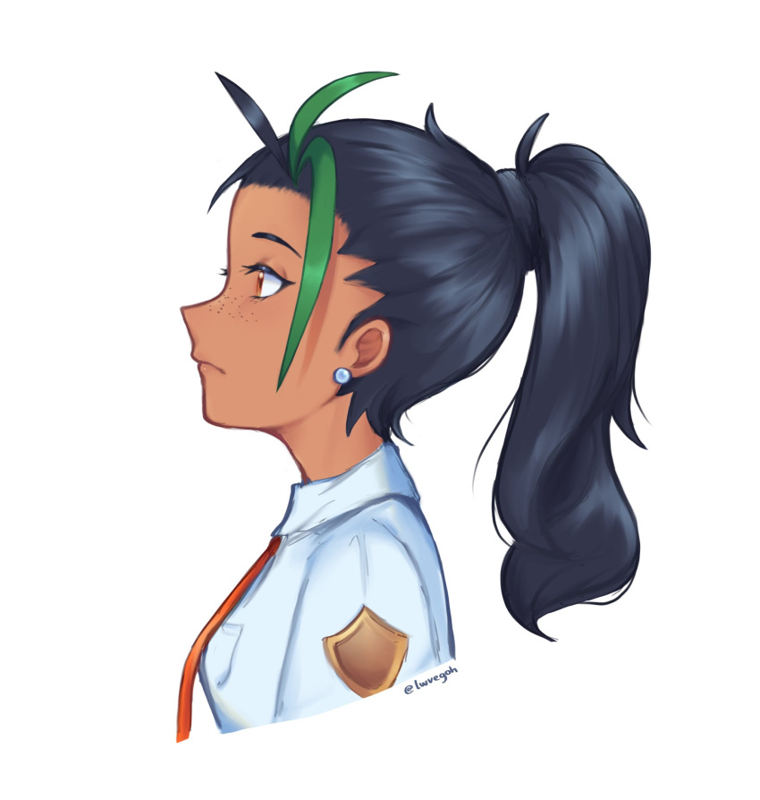 1girl black_hair breasts closed_mouth collared_shirt dark-skinned_female dark_skin earrings eyelashes freckles from_side goh_(lwvegoh) highres jewelry long_hair multicolored_hair naranja_academy_school_uniform nemona_(pokemon) orange_eyes pokemon pokemon_(game) pokemon_sv ponytail school_uniform shirt small_breasts solo streaked_hair upper_body white_shirt