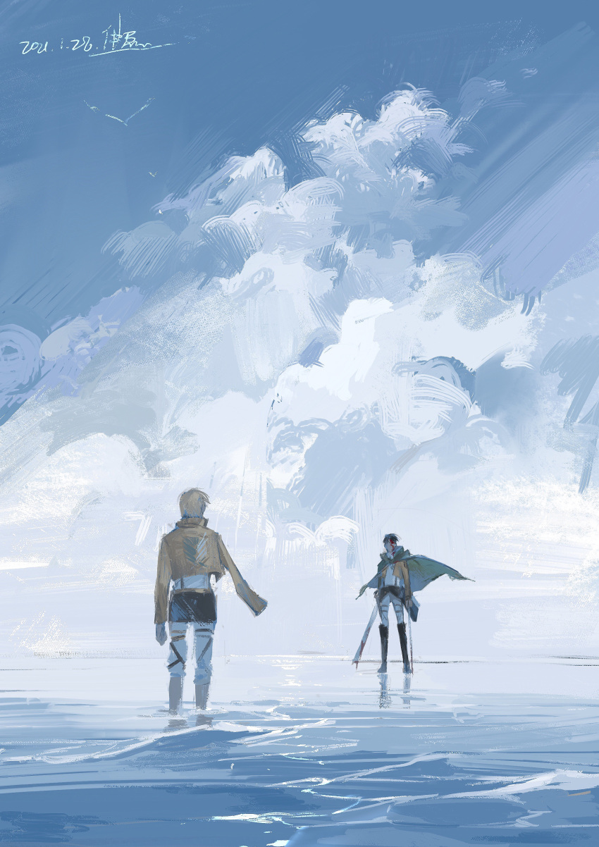 2boys absurdres amputee blue_sky capelet chitudeyiling cloud cloudy_sky erwin_smith floating_clothes green_capelet highres holding holding_sword holding_weapon levi_(shingeki_no_kyojin) male_focus multiple_boys ocean painterly pants paradis_military_uniform perspective shingeki_no_kyojin short_hair sky survey_corps_(emblem) sword wading weapon wind