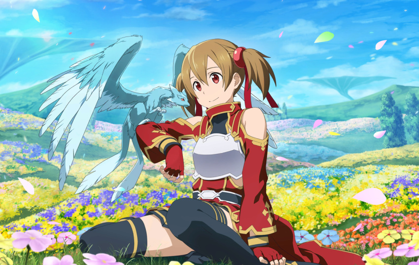 1girl armor black_skirt black_thighhighs blue_sky breastplate brown_hair closed_mouth clothing_cutout cloud day field fingerless_gloves flower flower_field gloves hair_between_eyes hair_ribbon long_hair long_sleeves miniskirt outdoors pina_(sao) pleated_skirt red_eyes red_gloves red_ribbon ribbon shoulder_cutout silica sitting skirt sky smile solo sword_art_online thighhighs twintails zettai_ryouiki