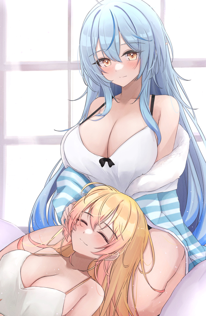 2girls absurdres bare_shoulders black_bow blonde_hair blue_hair blush bow breasts camisole cleavage closed_eyes closed_mouth collarbone colored_tips fur-trimmed_jacket fur_trim hand_on_another's_face highres hololive jacket kneeling lap_pillow long_hair looking_at_viewer lying mofu07519 momosuzu_nene multicolored_hair multiple_girls off_shoulder on_back sidelocks smile spaghetti_strap virtual_youtuber white_camisole yellow_eyes yukihana_lamy