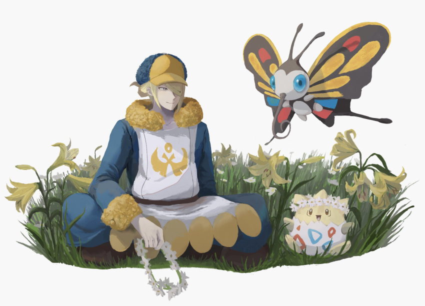 1boy beautifly blonde_hair blue_jumpsuit boots brown_footwear closed_mouth commentary_request flower grass grey_eyes hair_over_one_eye hat highres holding jumpsuit long_sleeves male_focus pokemon pokemon_(creature) pokemon_(game) pokemon_legends:_arceus short_hair sitting smile togepi volo_(pokemon) white_background yellow_flower yellow_headwear zai_(3333333333353pk)