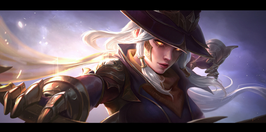 1girl ashe_(league_of_legends) black_border border brown_headwear closed_mouth cloud cloudy_sky cowboy_hat english_text floating_hair gloves glowing glowing_eyes hat high_noon_ashe highres league_of_legends light long_hair looking_at_viewer metal_gloves official_alternate_costume outdoors sky solo white_hair yc_jun yellow_eyes