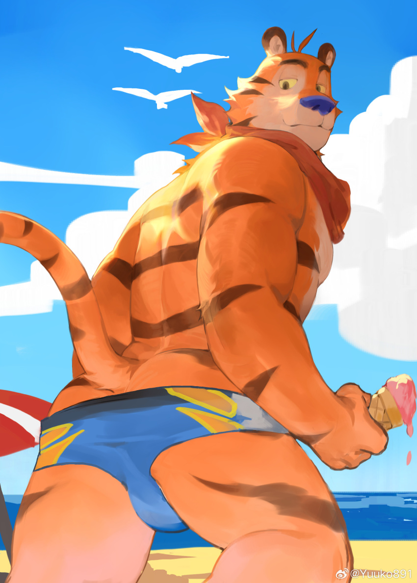 1boy absurdres animal_ears ass_peek bara beach blue_male_swimwear feet_out_of_frame from_behind furry furry_male highres kellogg's looking_at_viewer looking_back male_focus male_swimwear male_swimwear_pull muscular muscular_male sanpaku short_hair solo swim_briefs tail thick_eyebrows thighs tiger_boy tiger_ears tony_the_tiger topless_male yuuko_(yuuko891)