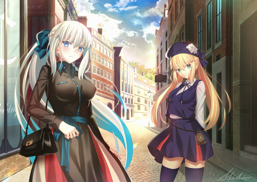 2girls absurdres alternate_costume arms_behind_back artoria_caster_(fate) artoria_pendragon_(fate) bag beret black_bag black_dress blonde_hair blue_bow blue_eyes blue_headwear blue_ribbon blue_skirt blue_thighhighs blue_vest bow braid breasts building chain_necklace closed_mouth cloud cloudy_sky collared_dress collared_shirt contemporary dress fate/grand_order fate_(series) french_braid green_eyes grey_hair hair_between_eyes hair_bow handbag hat highres jewelry long_hair long_sleeves looking_at_viewer medium_breasts mishiro_(ixtlolton) morgan_le_fay_(fate) multiple_girls neck_ribbon necklace parody pavement ponytail ribbon sett shirt sidelocks skirt sky smile style_parody takeuchi_takashi_(style) thighhighs twintails very_long_hair vest white_shirt