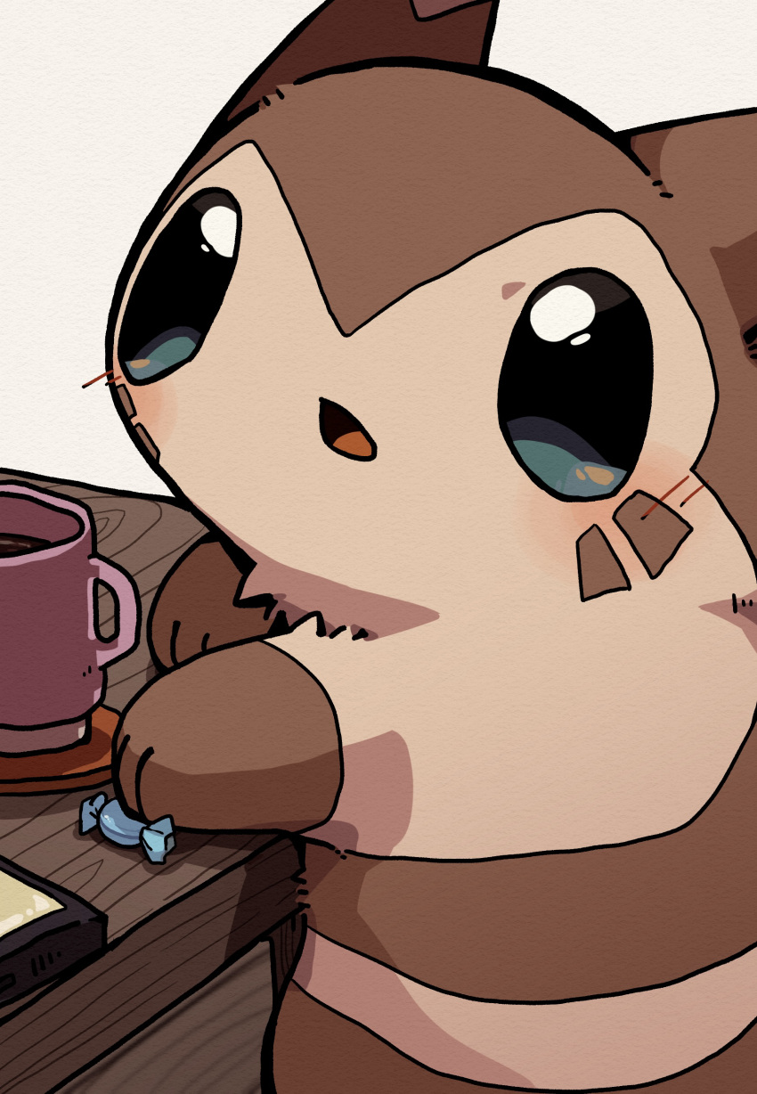 2023 absurd_res beverage biped blush brown_body brown_fur candy coffee dessert detailed_background feral food fur furret generation_2_pokemon hi_res ke_mo_suke kemono mug nintendo pokemon pokemon_(species) solo