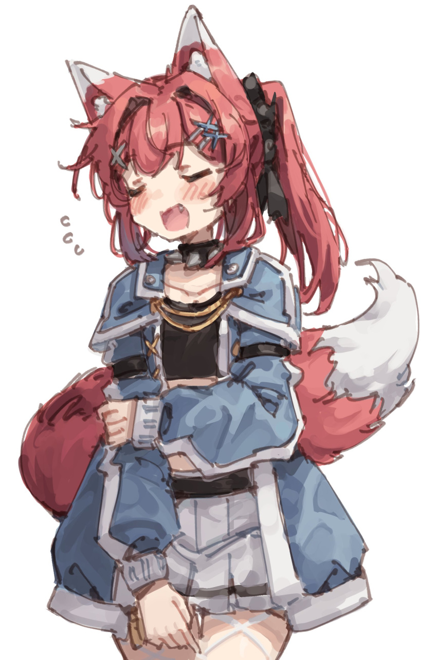 1girl absurdres animal_ear_fluff animal_ears belt belt_skirt blue_jacket blush closed_eyes collar collarbone commentary cowboy_shot crop_top english_commentary fang fox_ears fox_girl fox_tail hair_intakes hair_ornament hair_ribbon hairclip highres holding_own_arm jacket kemonomimi_mode leather_belt long_sleeves medium_hair open_clothes open_jacket open_mouth original pleated_skirt raika_(rune_(pixiv_25170019)) ribbon rune_(dualhart) side_ponytail sidelocks simple_background sketch skirt solo spiked_collar spikes tail upper_body white_background white_skirt